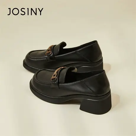 Josiny/卓诗尼粗跟单鞋女2024新款春季英伦风乐福鞋一脚蹬小皮鞋商品大图