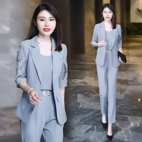蕾丝镂空休闲时尚西装套装女薄款夏装2023新款气质职业西裤三件套图片