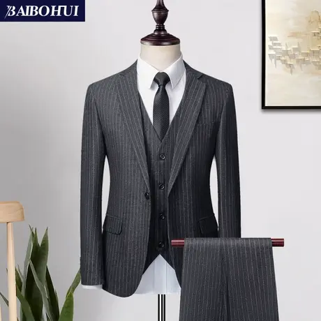 灰色条纹西服套装男士新郎结婚礼服修身韩版小西装男套装职业正装图片