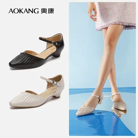 【门店发货】奥康女鞋 新款淑女风褶皱一字带包头凉鞋女商品大图