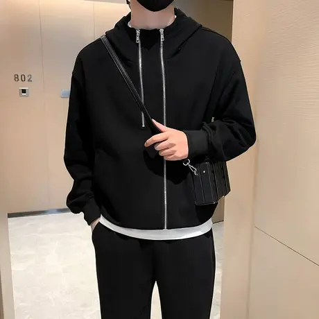 连帽卫衣男春秋新款个性简约重磅双拉链设计潮男纯色休闲外套上衣商品大图