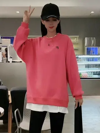 2023新款宽松假两件套头简约中长款卫衣女士外套漂亮圆领长袖上衣商品大图