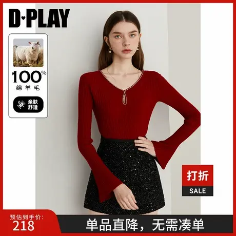 DPLAY2025春季新款红色针织衫大红毛衣100羊毛衫内搭打底上衣女商品大图