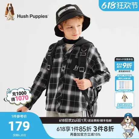 暇步士童装男童长袖衬衫春秋新款中大童宝宝格纹连帽儿童休闲衬衣商品大图