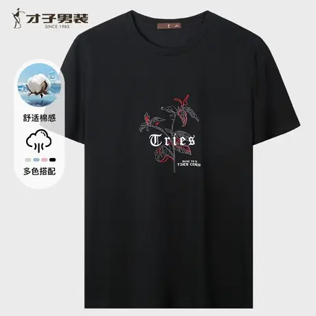 才子男士短袖t恤2025夏季新款薄款时尚多色印花圆领上衣多色可选商品大图