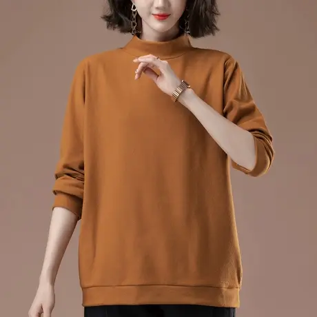 半高领打底衫女秋冬加肥加大码女装宽松中年妈妈遮肚显瘦长袖t恤商品大图