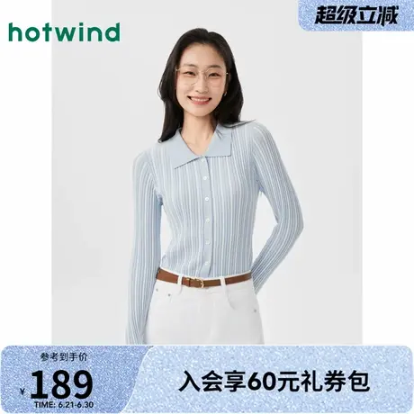热风针织打底衫2025年春季新款女士轻薄修身显瘦蓝白条纹打底上衣商品大图