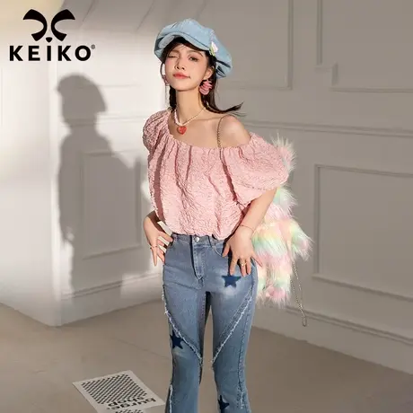 纯欲一字肩粉色上衣23夏季高级感辣妹法式锁骨露肩短款泡泡袖衬衫图片