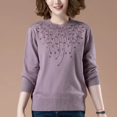 毛衣女秋冬新款加肥加大码女装宽松中年妈妈百搭洋气烫钻针织上衣商品大图