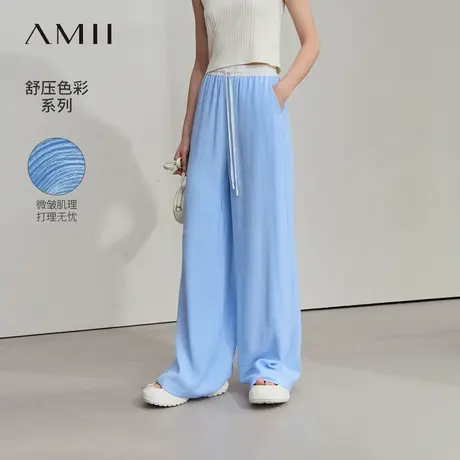 Amii2025夏新款极简松弛感宽松撞色橡筋腰抽绳压皱肌理阔腿长裤女商品大图