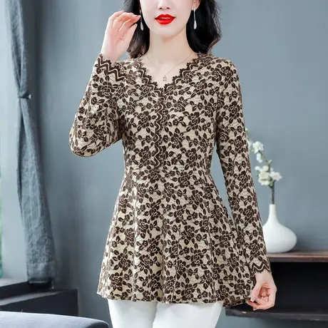 中长款蕾丝打底衫女2023秋天新款高级感花色收腰显瘦女上衣大码装图片