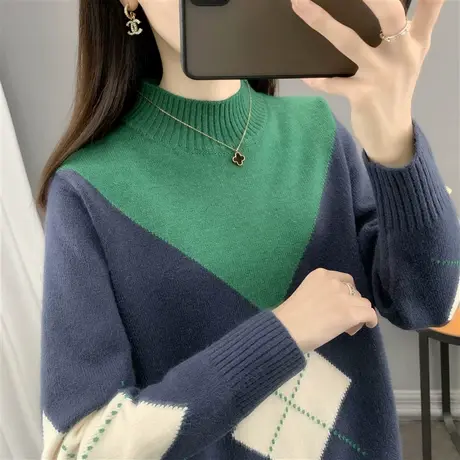 半高领菱格子女士毛衣秋冬2022新款套头洋气内搭针织打底衫女上衣商品大图