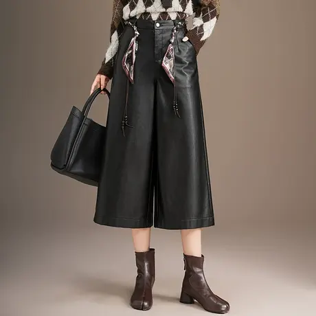 PU皮裤阔腿七分裤女秋季2025新款宽松时尚百搭休闲裤遮肉宽腿裤子图片