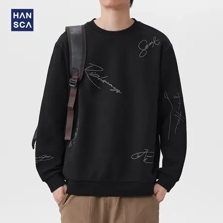 hansca美式潮牌刺绣圆领卫衣男2025秋季新款420g重磅宽松休闲上衣商品大图