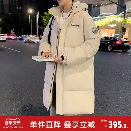 唐狮冬季新款男羽绒服中长款连帽宽松白色保暖厚外套休闲潮流商品大图