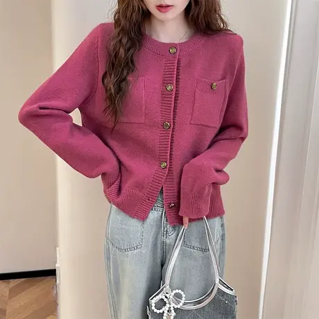 唐狮玫红色小香风精致开衫外套女新款针织毛线衫淑女穿搭TE商品大图