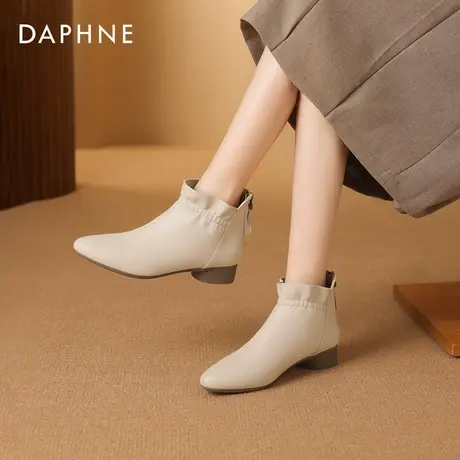 达芙妮白色尖头短靴女秋冬2026新款低跟妈妈靴及踝靴子粗跟马丁靴商品大图