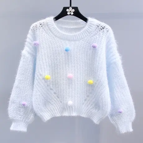 日系甜美彩色毛球毛衣女秋冬2023新款宽松时尚洋气学生针织衫上衣商品大图