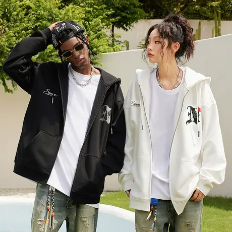 Nuthink美式复古拉链外套情侣玫瑰开衫卫衣男潮冬季2023新款帽衫商品大图