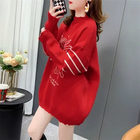 红色破洞圆领毛衣女套头2022新款秋冬宽松设计感洋气时尚打底上衣商品大图