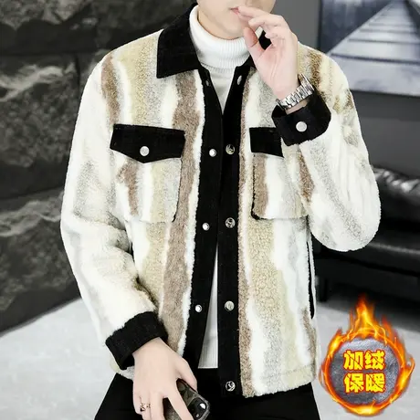 潮牌渐变色羊羔毛工装夹克男士个性加绒加厚帅气摇颗粒绒棉衣外套商品大图