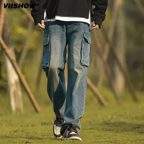 VIISHOW日系复古多口袋工装牛仔裤男生秋季高街ins潮牌直筒阔腿裤商品大图