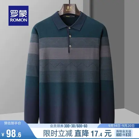罗蒙男士中老年翻领针织衫2023秋季新款时尚休闲保暖条纹打底毛衣图片