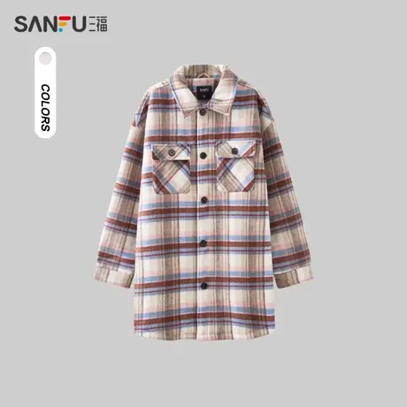 三福2023冬男士中性色毛呢衬衫式外套 宽松翻领格纹上衣477126商品大图