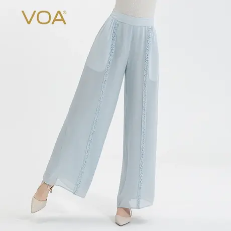 VOA乔其桑蚕丝淡蓝自然腰对丝工艺立体装饰松紧带双层真丝直筒裤图片