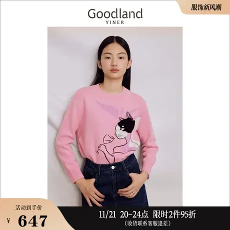 [赫本猫联名]Goodland美地女装2023秋季印花针织衫100%绵羊毛商品大图