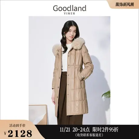 Goodland美地女装冬季格纹连帽狐狸毛领保暖真皮白鸭绒羽绒服商品大图
