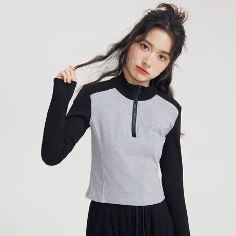 拼接修身半拉链立领短款上衣设计感小众插肩长袖t恤女2023新款商品大图