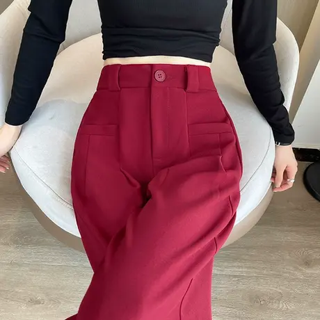 红色高级感西装裤女2024春秋新款高腰显瘦垂感直筒窄版阔腿拖地裤商品大图