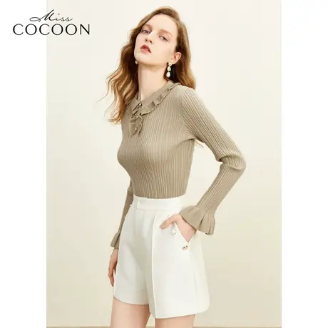 MISSCOCOON23秋冬新款弹力葱修身荷叶边通勤打底毛针织衫图片