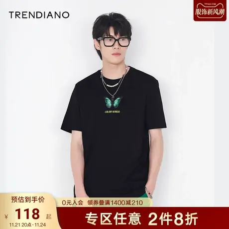 TRENDIANO官方潮牌男装夏季时尚潮流蓝闪蝶印花T恤男纯棉圆领短袖商品大图