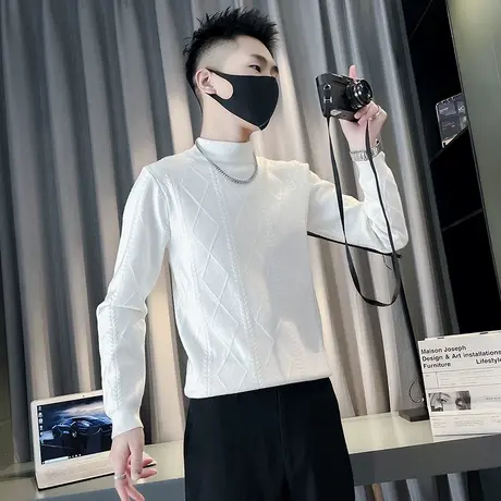 半高领毛衣男秋冬轻熟纯色提花高级感修身保暖潮牌打底针织衫线衣商品大图