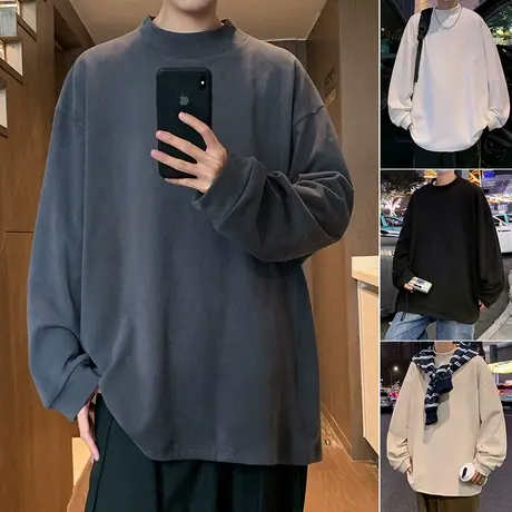 春秋季半高领德绒打底衫男潮流休闲纯色内搭保暖套头针织衫基础款商品大图