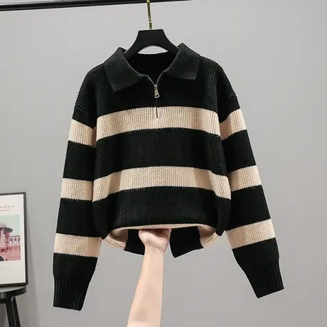 2023春装新款韩版宽松条纹长袖毛衣女士拉链针织衫上衣套头打底女商品大图