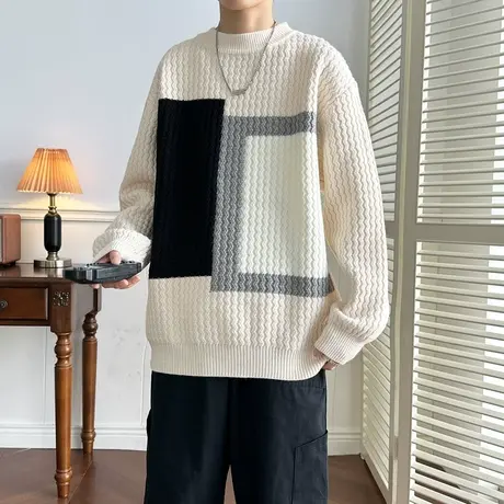 美式撞色毛衣秋冬季加厚保暖波浪纹针织打底衫青少年痞帅内搭线衣商品大图