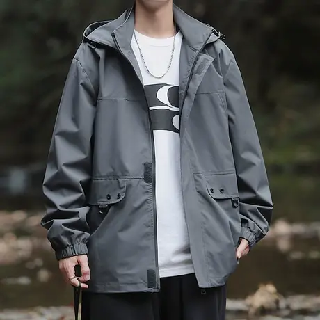 痞帅夹克男春秋季新款潮牌户外山系冲锋衣连帽外套美式工装上衣服商品大图