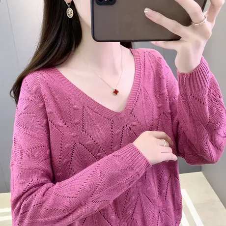 纯色镂空V领针织衫女宽松2025春装新款韩版时尚百搭打底上衣薄款图片