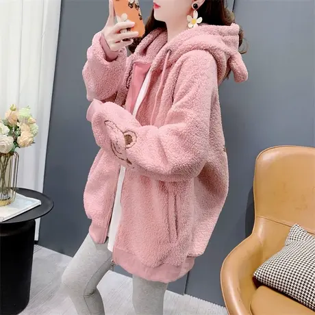 中长款小熊羊羔毛卫衣外套女2023秋冬新款宽松慵懒风洋气减龄上衣商品大图