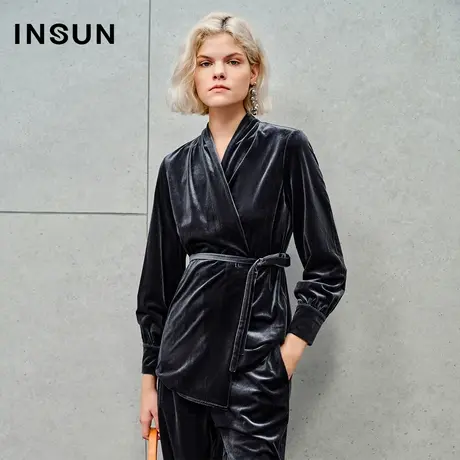 INSUN恩裳专选秋季围裹式V领系带丝绒衬衫商品大图