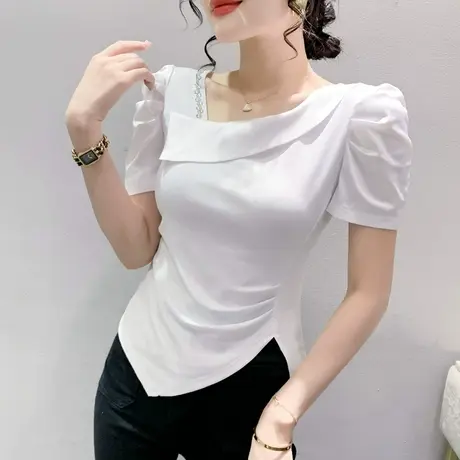 设计感开叉短袖T恤女夏装新款欧货不规则泡泡袖上衣百搭修身小衫图片
