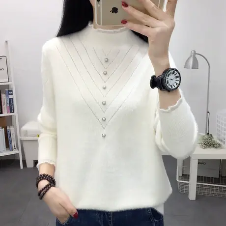 秋冬新款水貂绒女士毛衣茧型套头内搭网红百搭半高领针织打底衫女图片