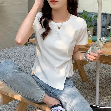 纯棉短袖t恤女2023年夏季新款设计感小众不规则短款体恤上衣ins潮商品大图