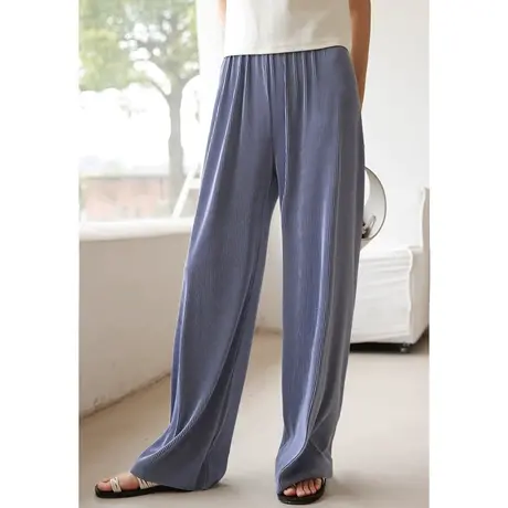 弥古蓝色凉凉裤冰丝阔腿裤女显瘦三宅褶皱长裤夏季薄款裤子沙滩裤商品大图