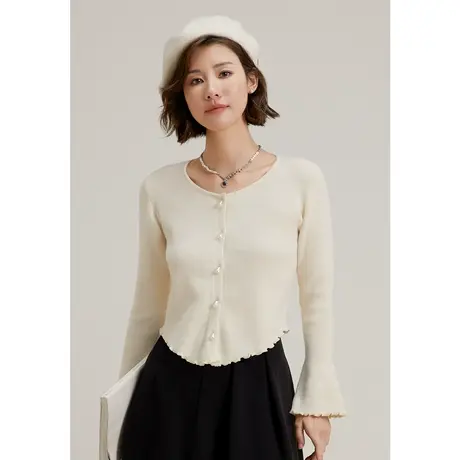 弥古法式木耳边长袖针织上衣女2023新款秋季高级感修身不规则上衣商品大图