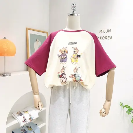 复古别致拼色高级感短袖上衣2023夏新款日系甜美兔子欧货宽松T恤商品大图