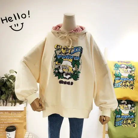 2019秋新款韩国东大门ulzzang港风宽松古着感搞怪BF连帽卫衣大码商品大图